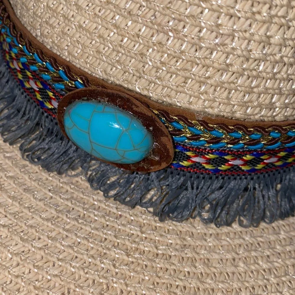 Turquoise Beaded Fringe Straw Sun Hat